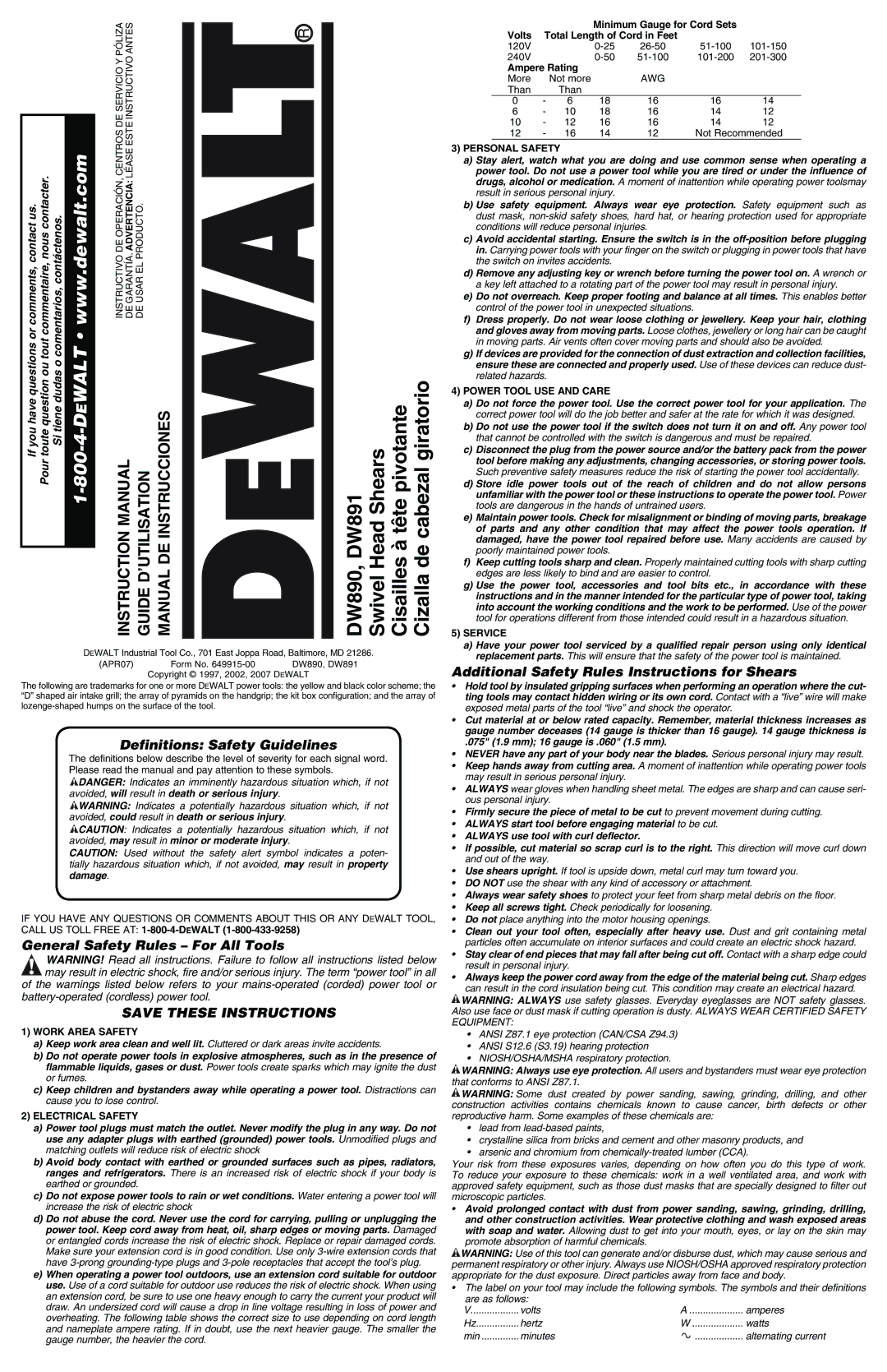 DeWalt DW890, DW891 instruction manual Definitions Safety Guidelines, General Safety Rules For All Tools 