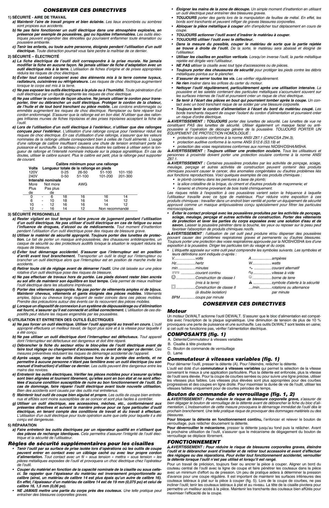 DeWalt DW890, DW891 instruction manual Conserver CES Directives, Fonctionnement 