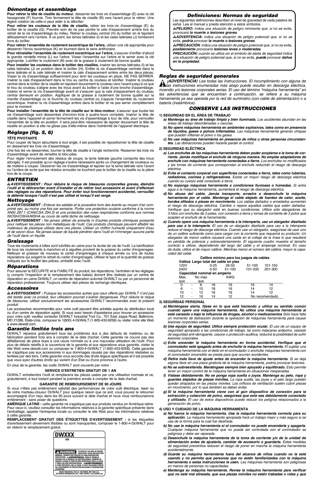 DeWalt DW891, DW890 instruction manual Entretien, Conserve LAS Instrucciones 