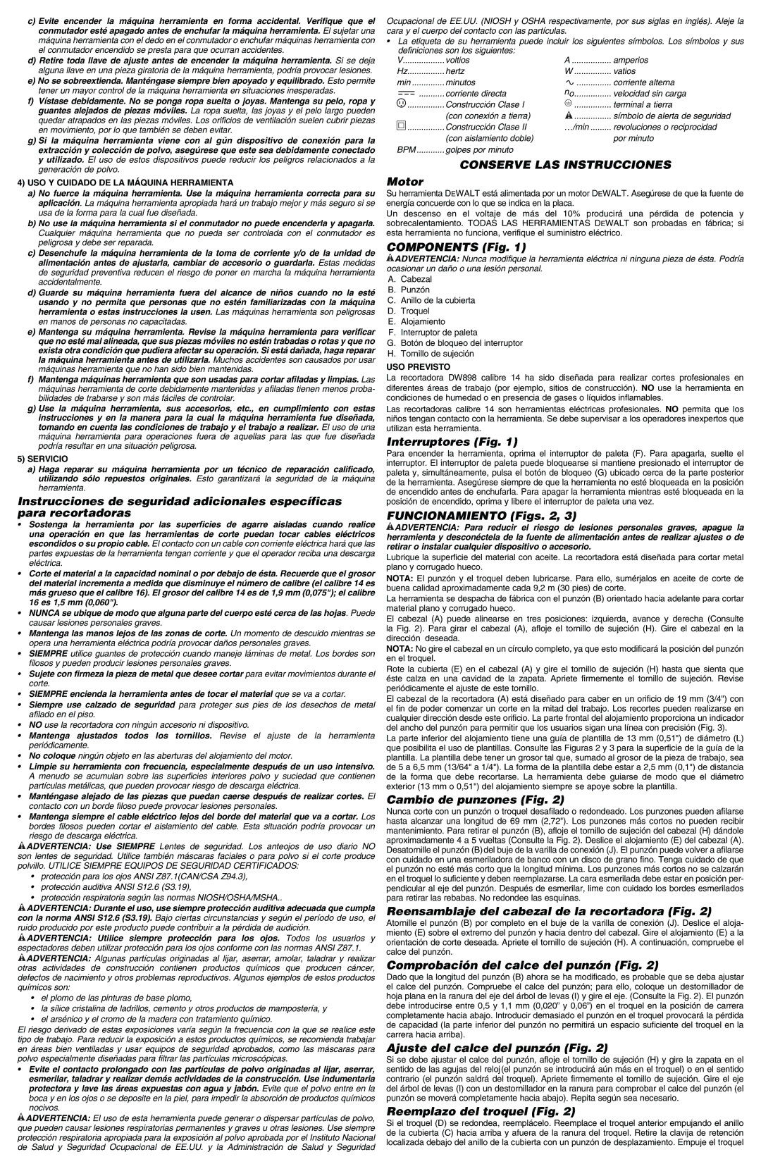 DeWalt DW898 Interruptores Fig, Funcionamiento Figs, Cambio de punzones Fig, Comprobación del calce del punzón Fig 