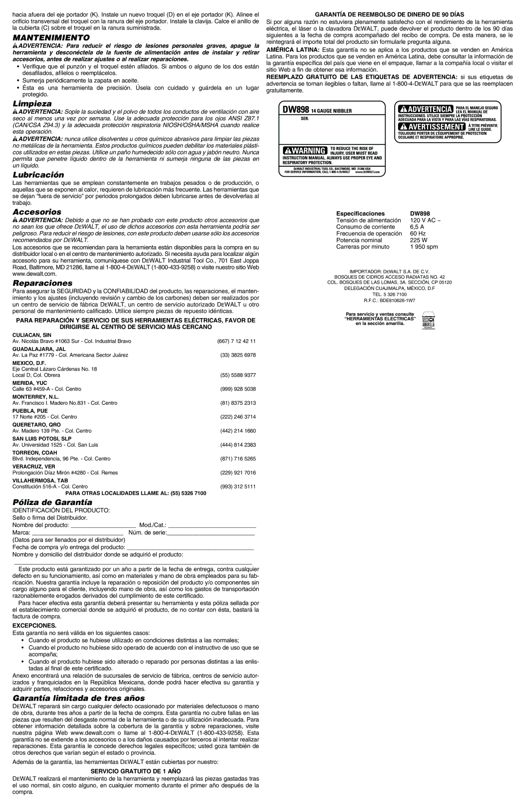 DeWalt DW898 instruction manual Mantenimiento 