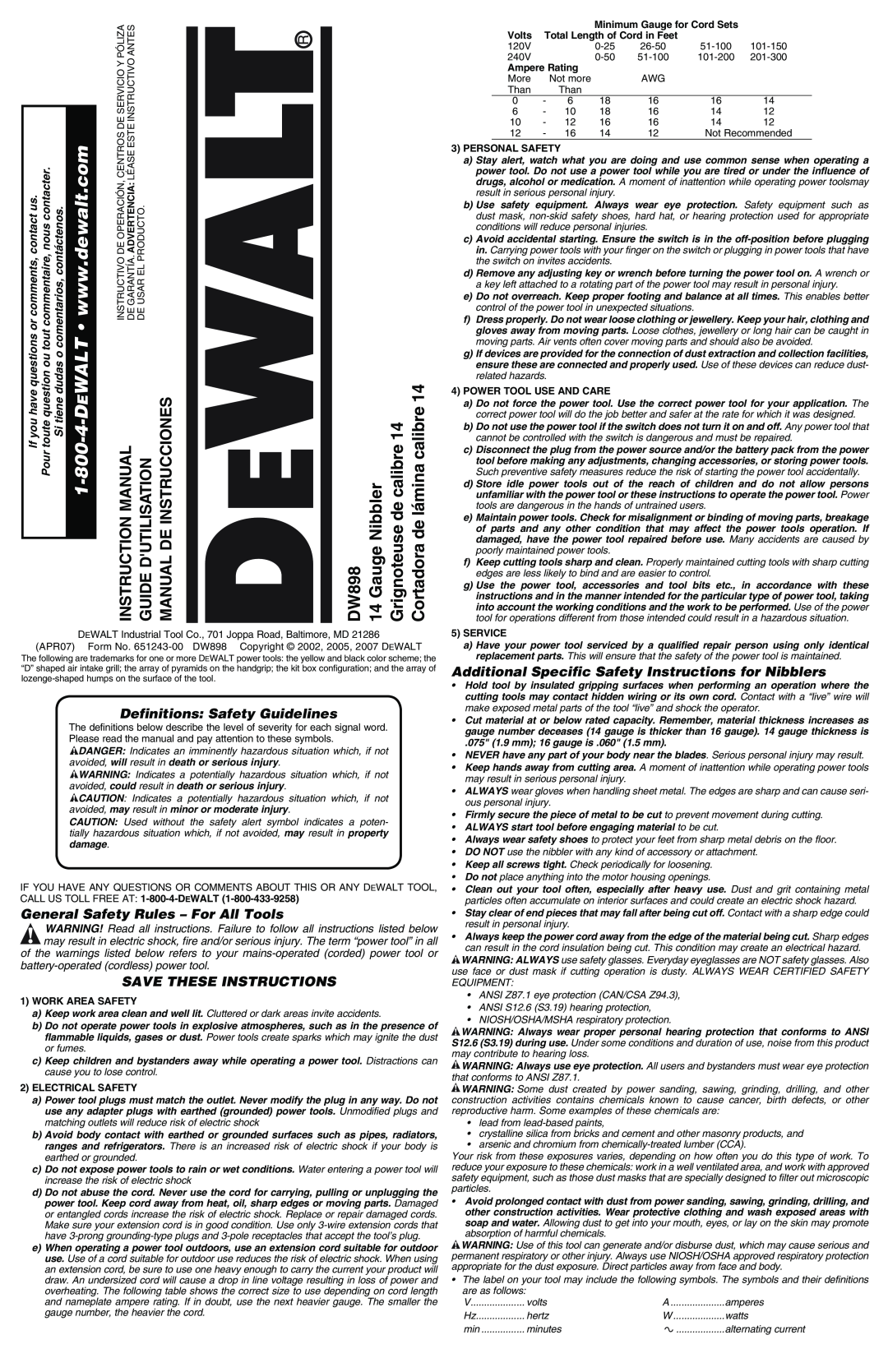DeWalt DW898 instruction manual Instruction Manual, Guide Dutilisation Manual De Instrucciones, Work Area Safety, Volts 