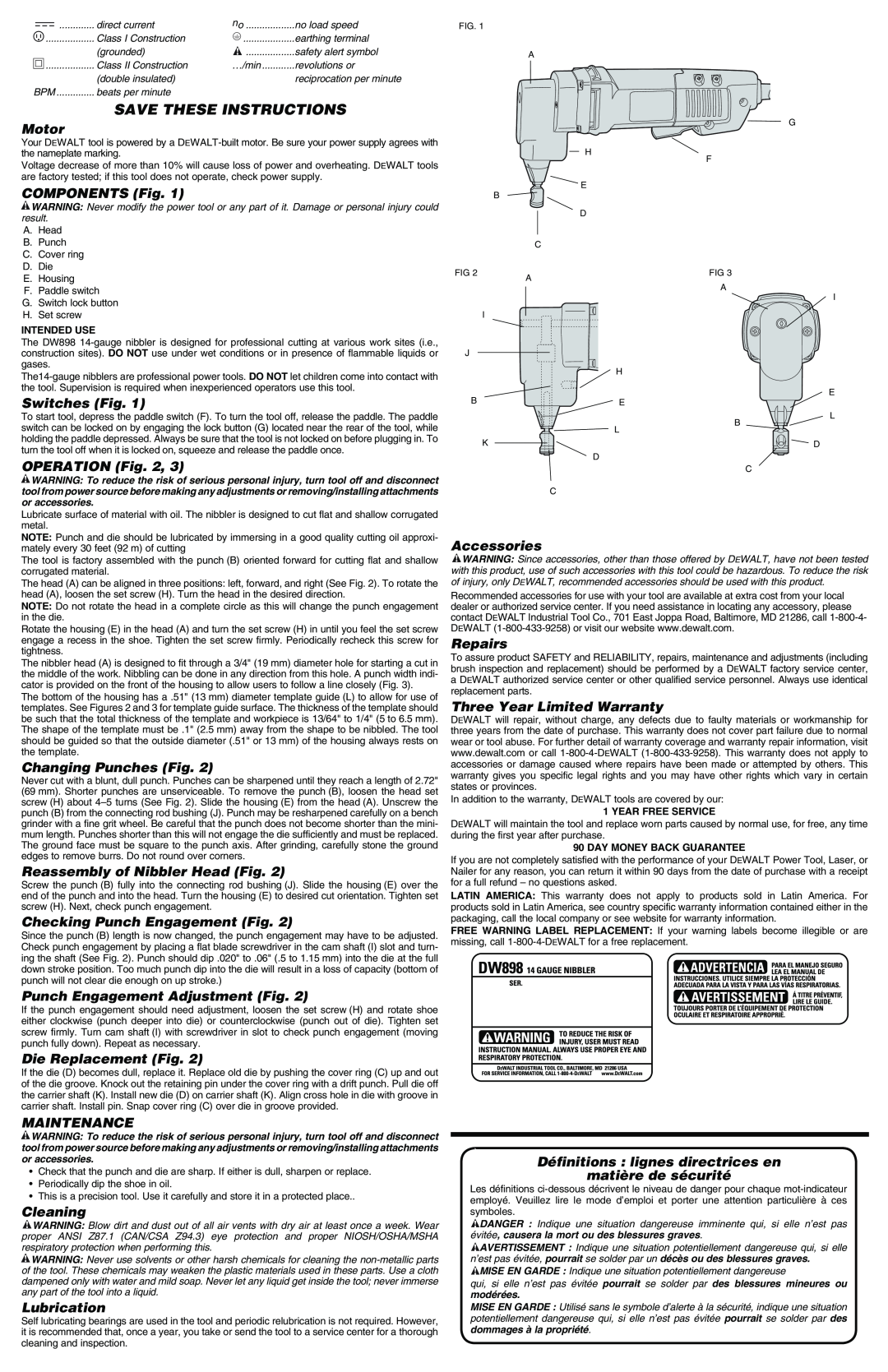 DeWalt DW898 instruction manual Save These Instructions 