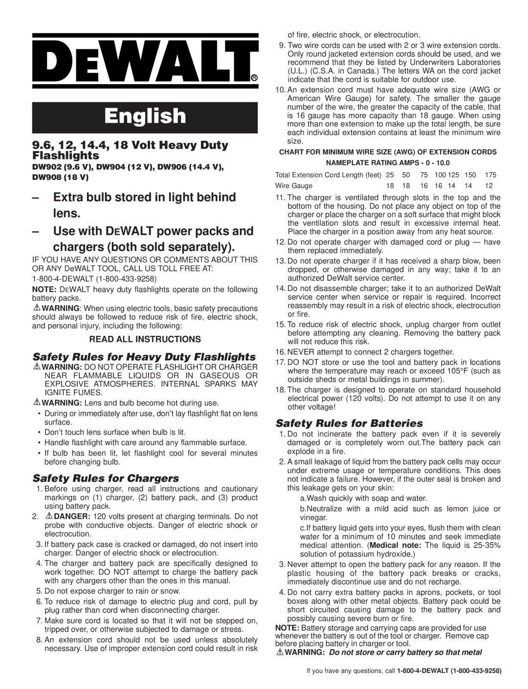 DeWalt DW902 (9.6 V), DW904 (12 V) manual English, Safety Rules for Heavy Duty Flashlights, Safety Rules for Chargers 