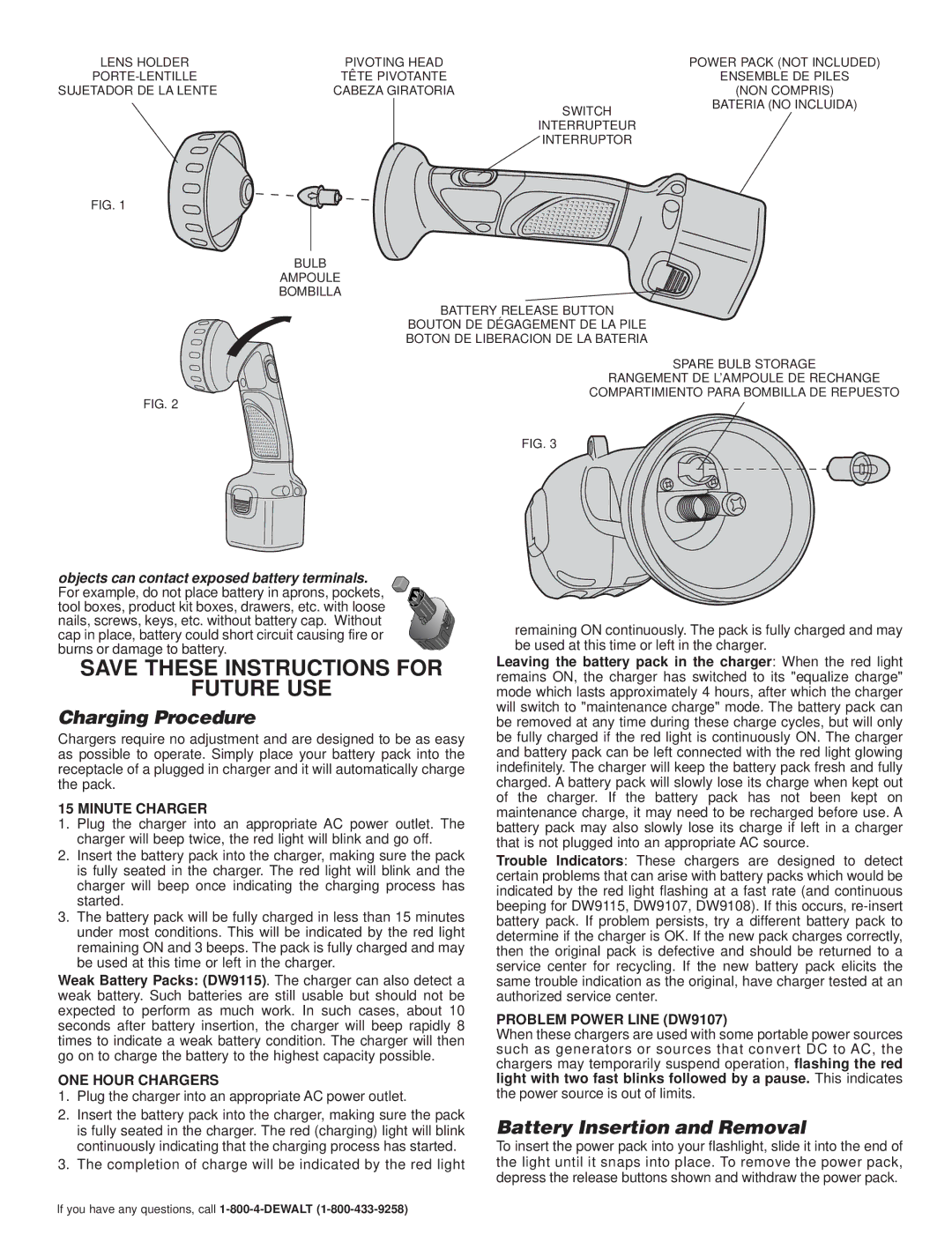 DeWalt DW908 (18 V) manual Save These Instructions for Future USE, Charging Procedure, Battery Insertion and Removal 