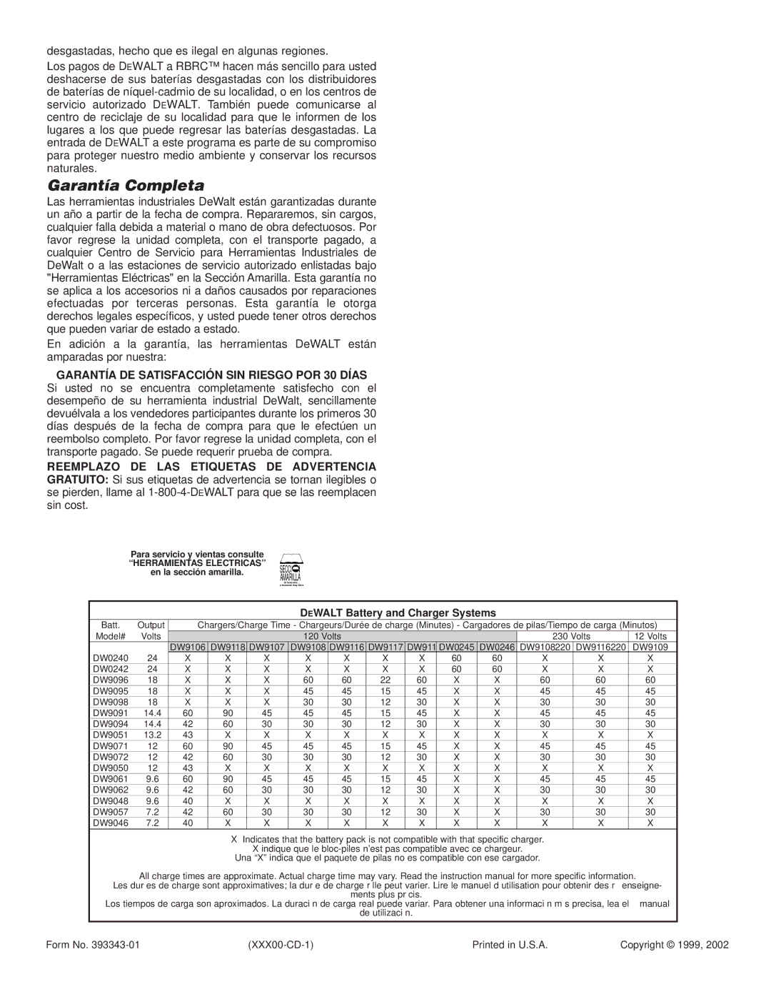 DeWalt DW904 (12 V), DW902 (9.6 V), DW908 (18 V), DW906 (14.4 V) manual Garantía Completa, Dewalt Battery and Charger Systems 