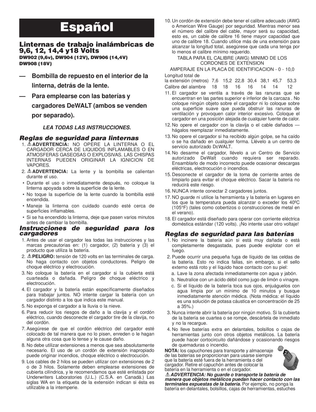 DeWalt DW908 (18 V) manual Español, Reglas de seguridad para linternas, Instrucciones de seguridad para los cargadores 