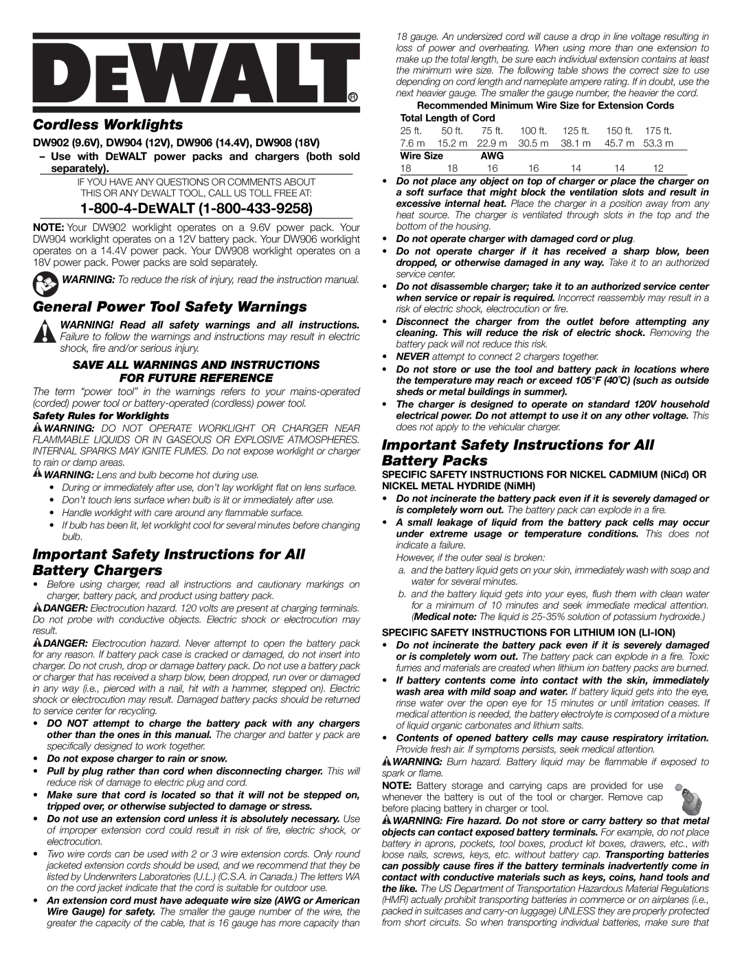 DeWalt DW904 important safety instructions Cordless Worklights, General Power Tool Safety Warnings 