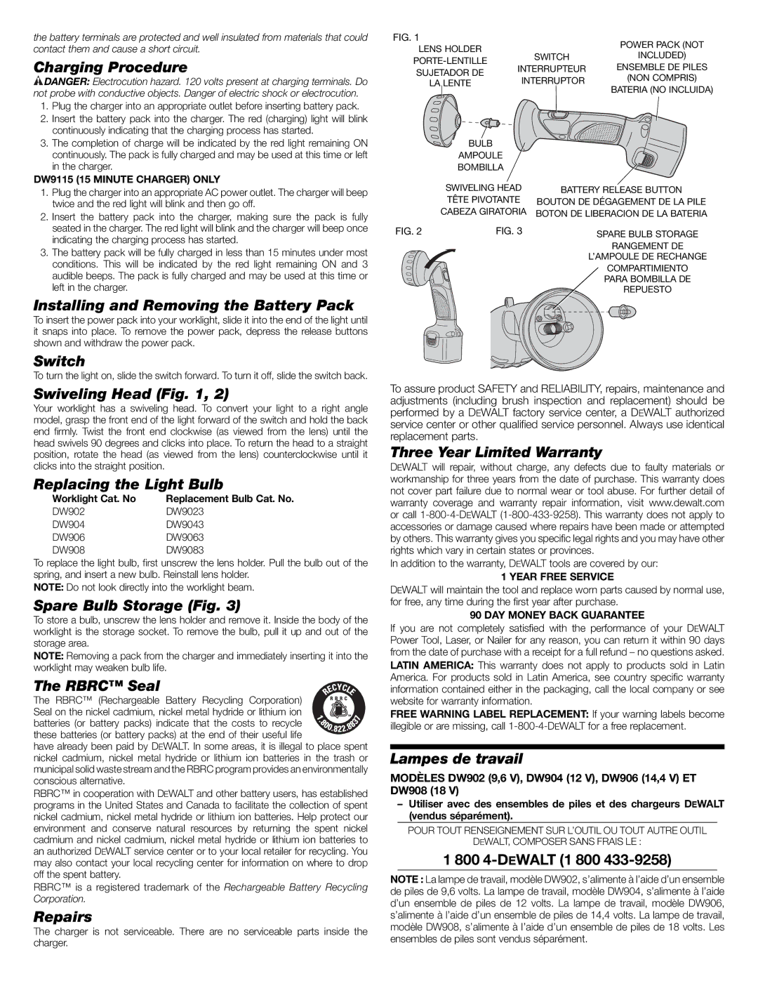 DeWalt DW904 Charging Procedure, Installing and Removing the Battery Pack, Switch, Swiveling Head, Spare Bulb Storage Fig 