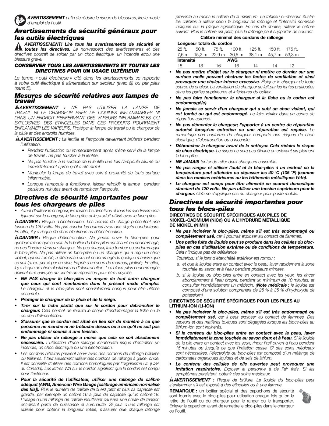 DeWalt DW904 important safety instructions Mesures de sécurité relatives aux lampes de travail, Intensité, Awg 