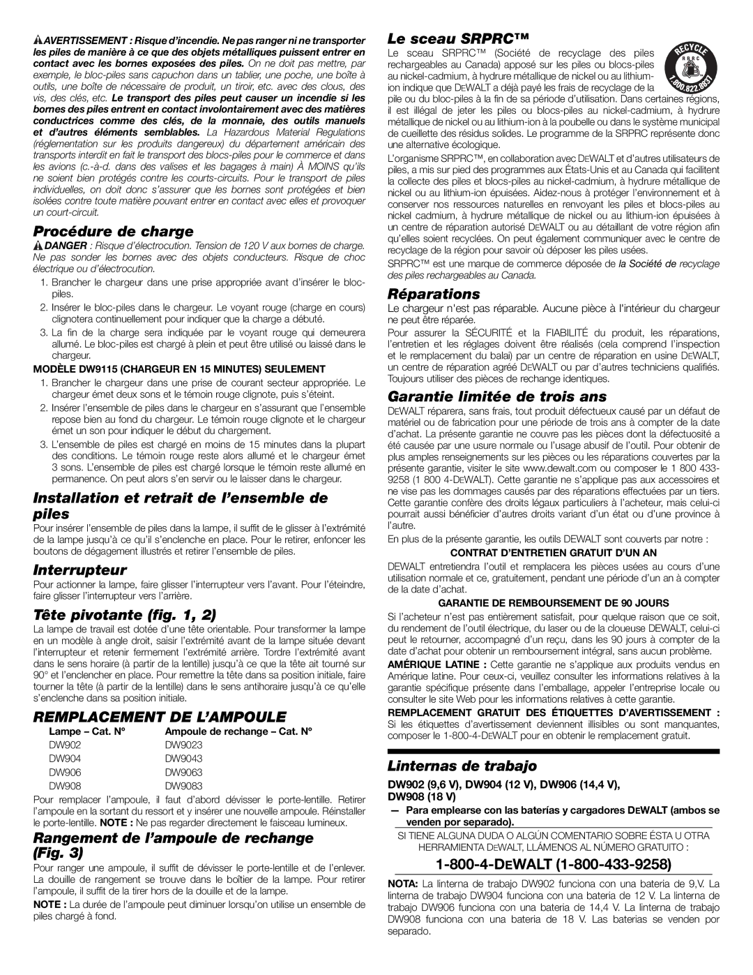 DeWalt DW904 Procédure de charge, Installation et retrait de l’ensemble de piles, Interrupteur, Tête pivotante ﬁg 