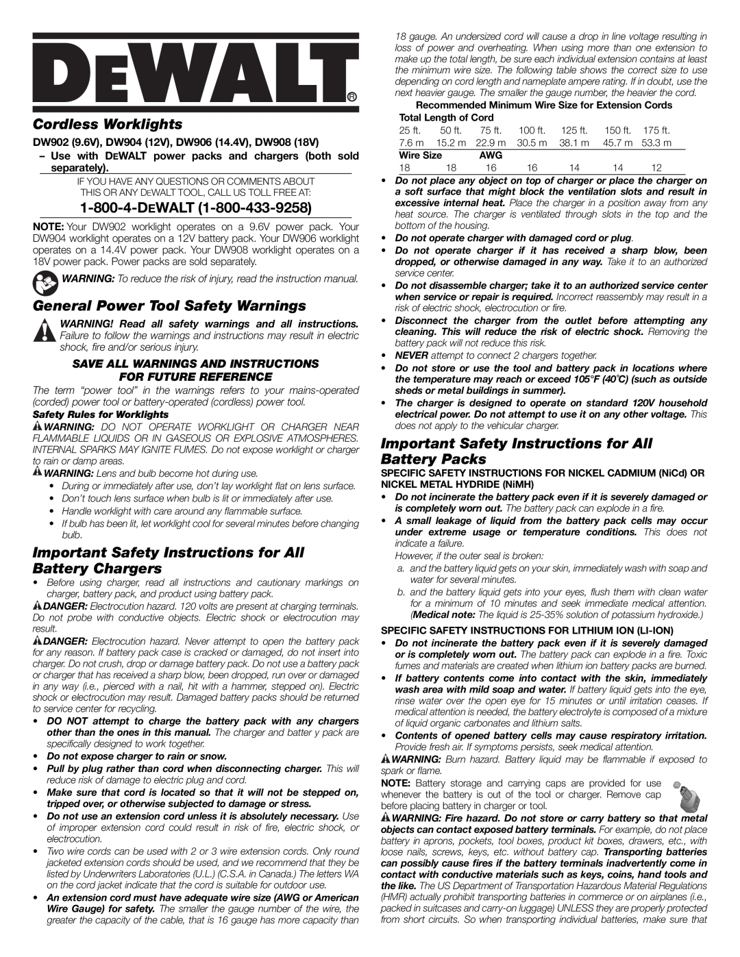 DeWalt DW904 important safety instructions Save All Warnings And Instructions, For Future Reference, Wire Size 