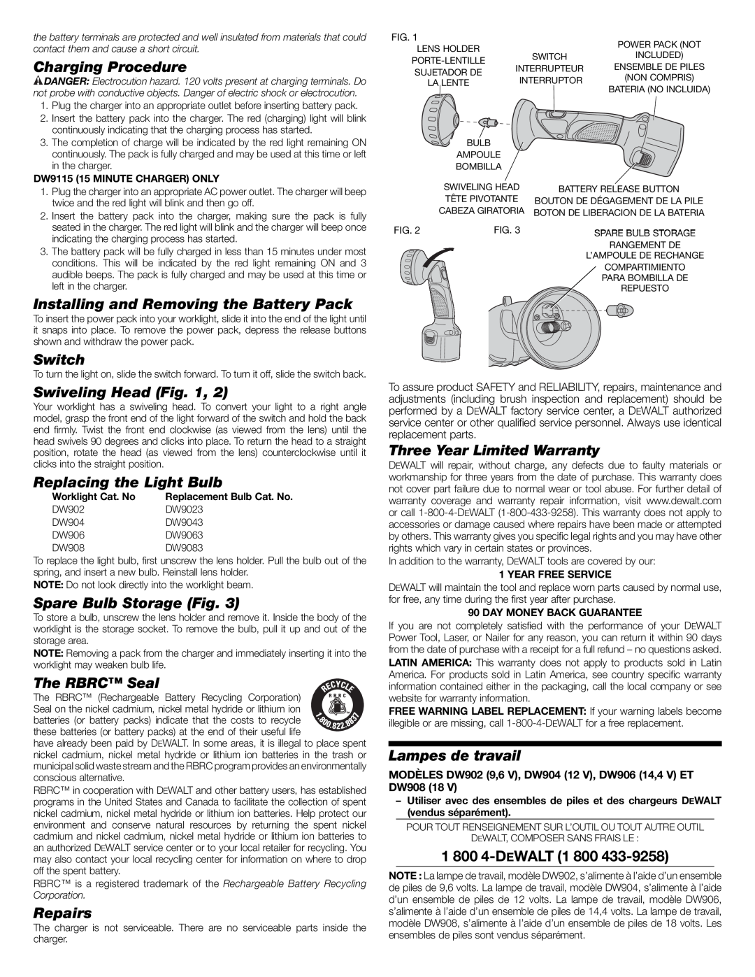 DeWalt DW904 important safety instructions 1 800 4-DEWALT1, Charging Procedure 