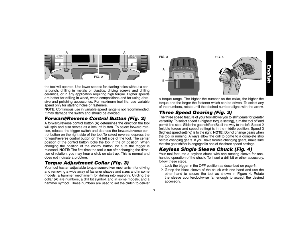 DeWalt DW9106 instruction manual Forward/Reverse Control Button Fig, Torque Adjustment Collar Fig, Three Speed Gearing Fig 