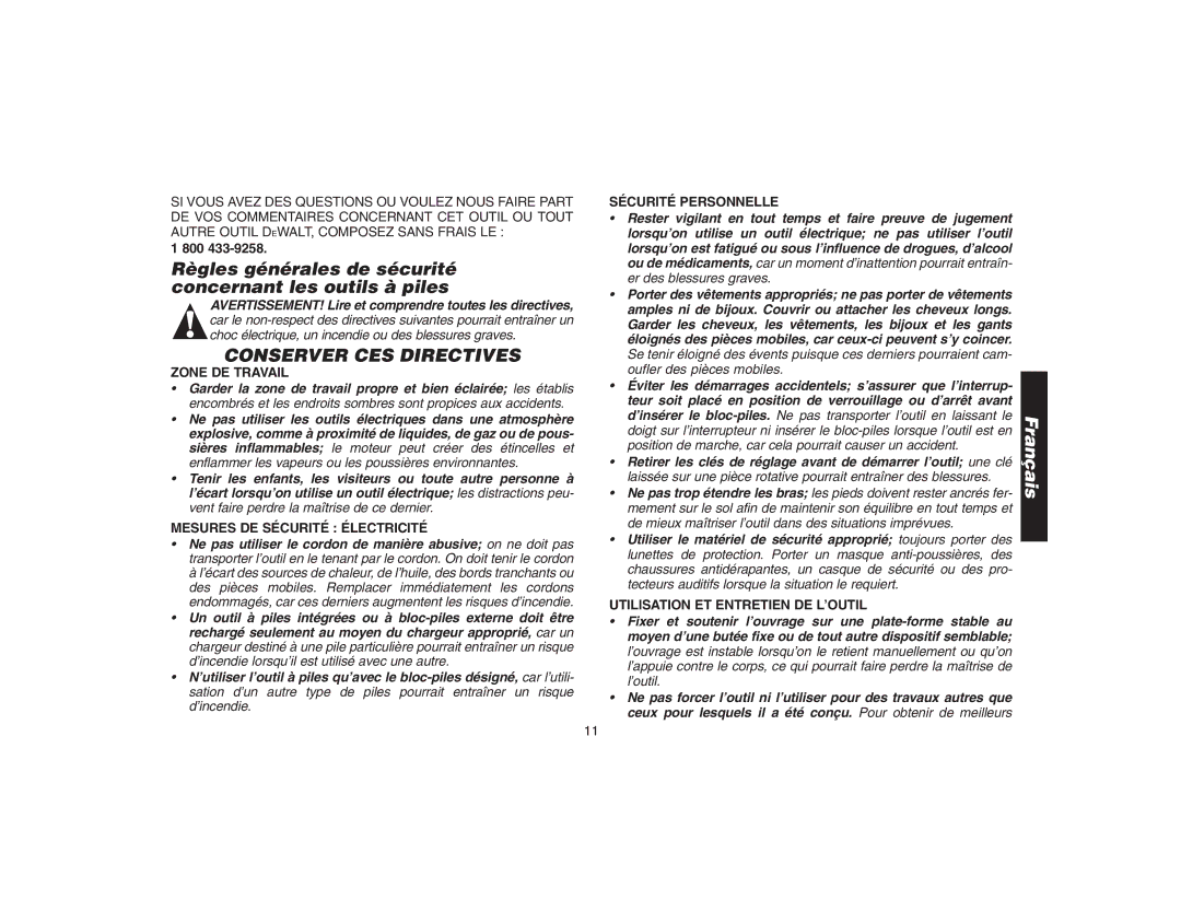 DeWalt DW9106 instruction manual Règles générales de sécurité concernant les outils à piles, Conserver CES Directives 