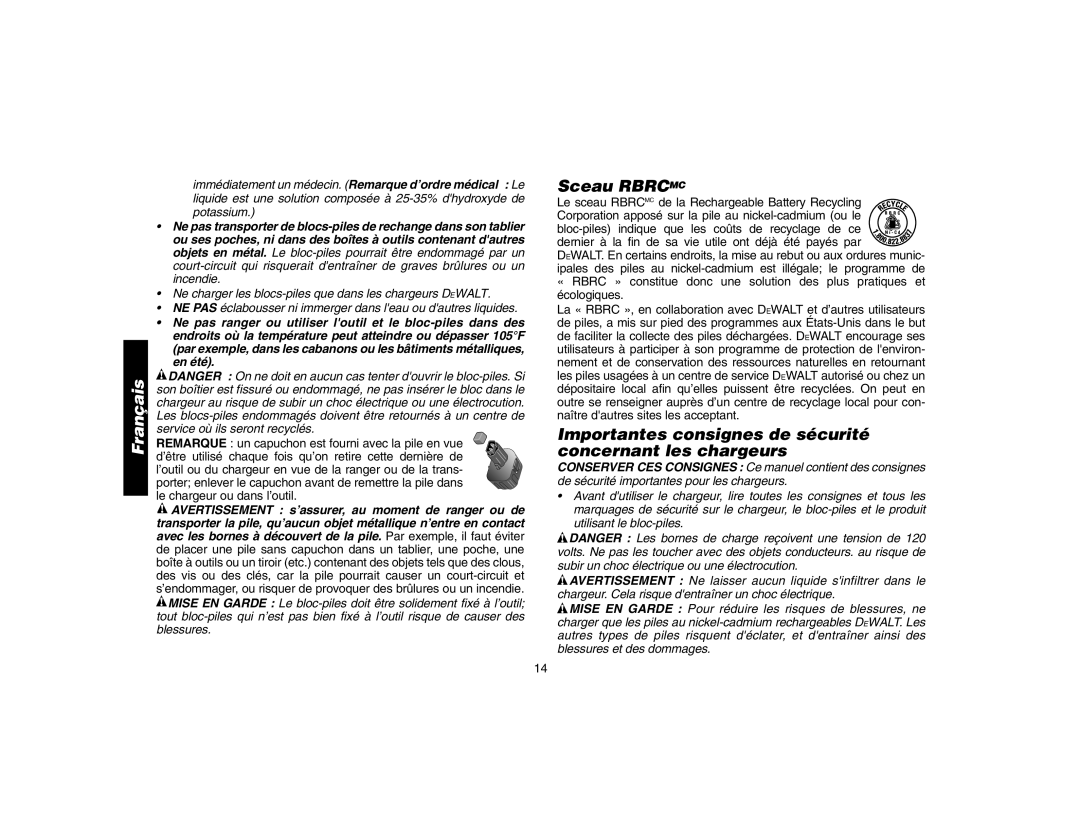 DeWalt DW9106 instruction manual Sceau Rbrcmc, Importantes consignes de sécurité concernant les chargeurs 