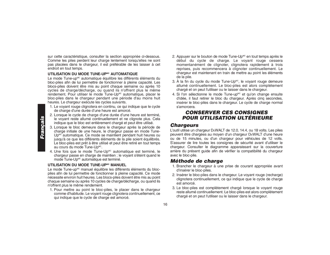 DeWalt DW9106 instruction manual Conserver CES Consignes Pour Utilisation Ultérieure, Chargeurs, Méthode de charge 