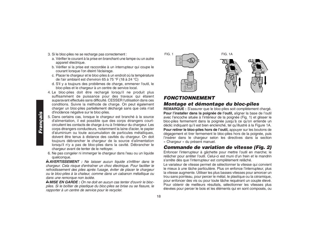 DeWalt DW9106 instruction manual Fonctionnement, Montage et démontage du bloc-piles, Commande de variation de vitesse Fig 