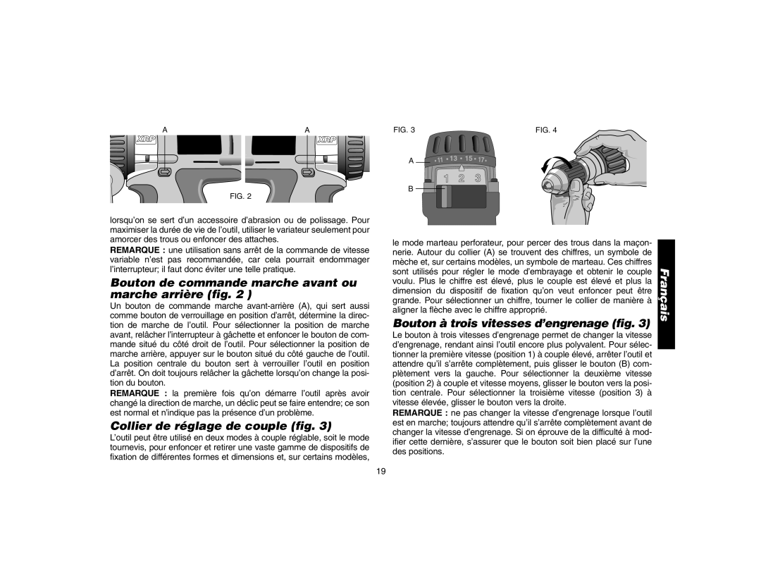 DeWalt DW9106 instruction manual Bouton de commande marche avant ou marche arrière fig, Collier de réglage de couple fig 