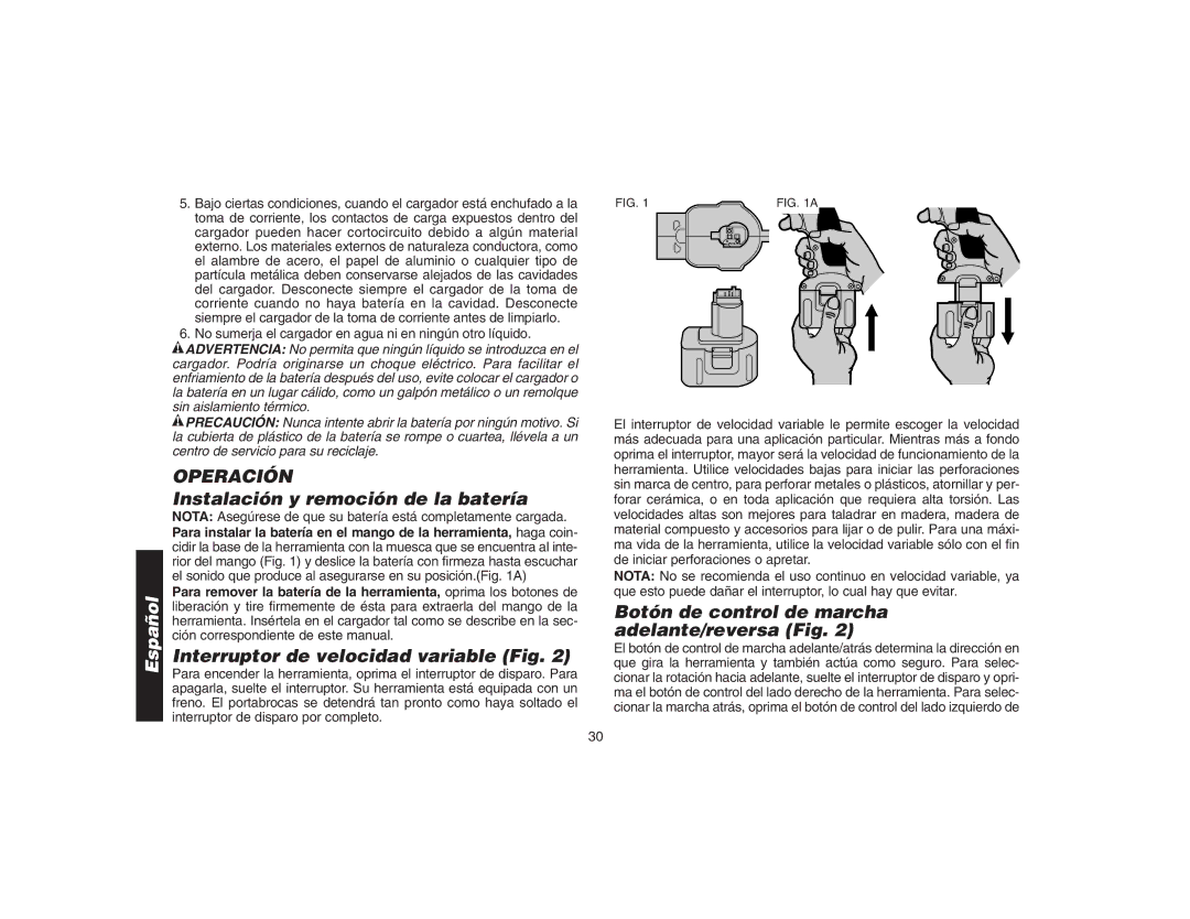 DeWalt DW9106 instruction manual Operación, Instalación y remoción de la batería, Interruptor de velocidad variable Fig 