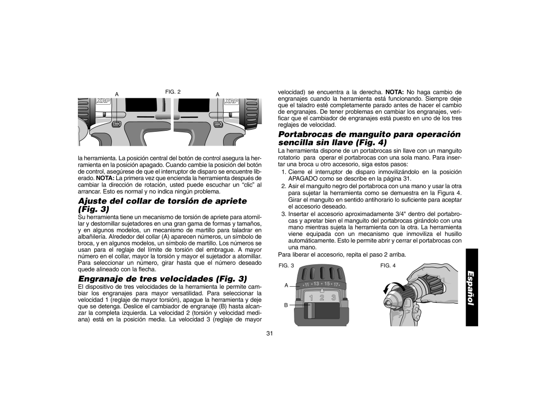 DeWalt DW9106 instruction manual Ajuste del collar de torsión de apriete Fig, Engranaje de tres velocidades Fig 