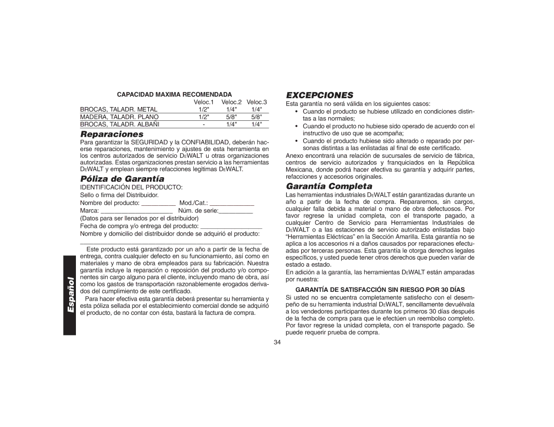 DeWalt DW9106 instruction manual Reparaciones, Póliza de Garantía, Excepciones, Garantía Completa 