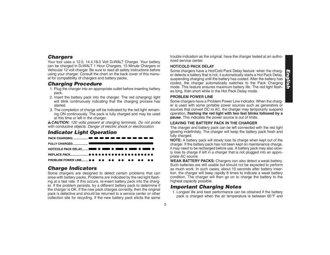 DeWalt DW9106 Chargers, Charging Procedure, Indicator Light Operation, Charge Indicators, Important Charging Notes 