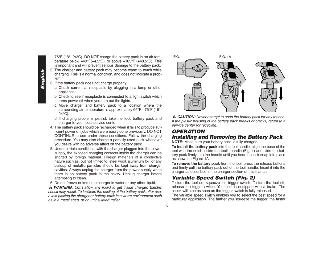 DeWalt DW9106 instruction manual Operation, Installing and Removing the Battery Pack, Variable Speed Switch Fig 