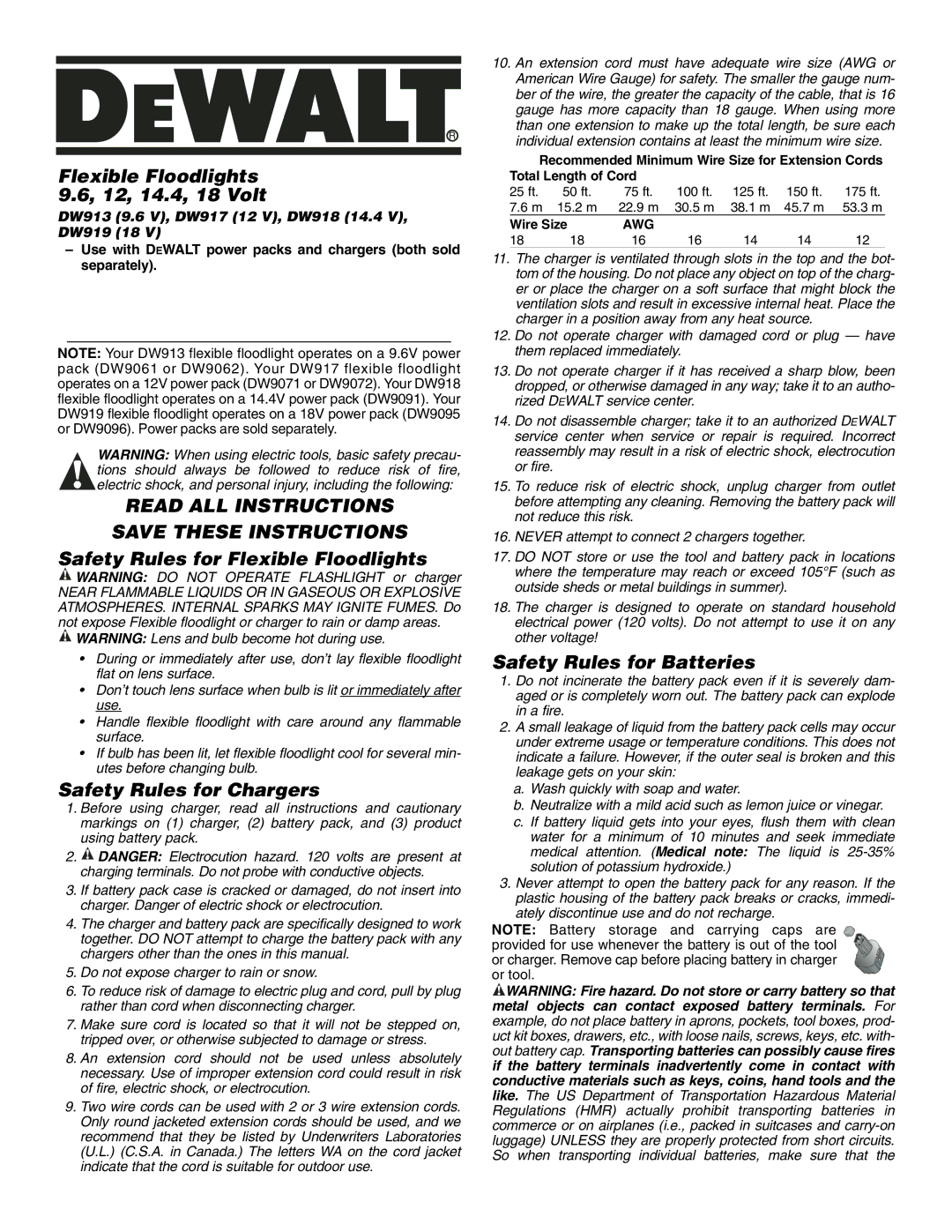 DeWalt DW919, DW918 manual Flexible Floodlights 12, 14.4, 18 Volt, Safety Rules for Flexible Floodlights 