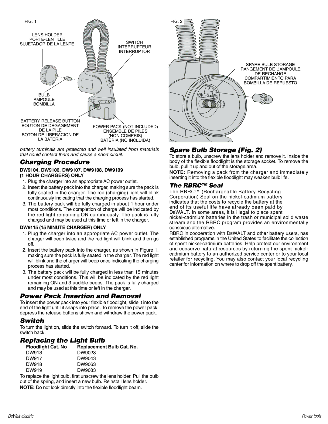 DeWalt DW918, DW919 manual Charging Procedure, Power Pack Insertion and Removal, Switch, Replacing the Light Bulb 