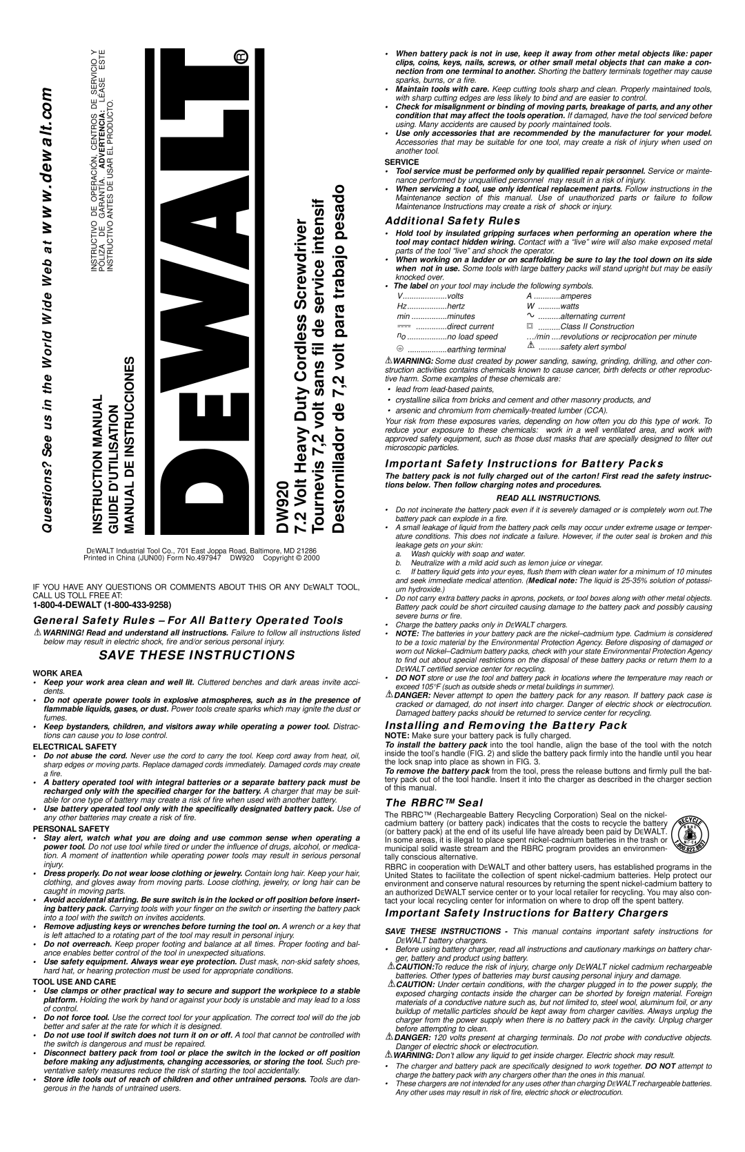 DeWalt DW920K-2 instruction manual General Safety Rules For All Battery Operated Tools, Additional Safety Rules, Rbrc Seal 