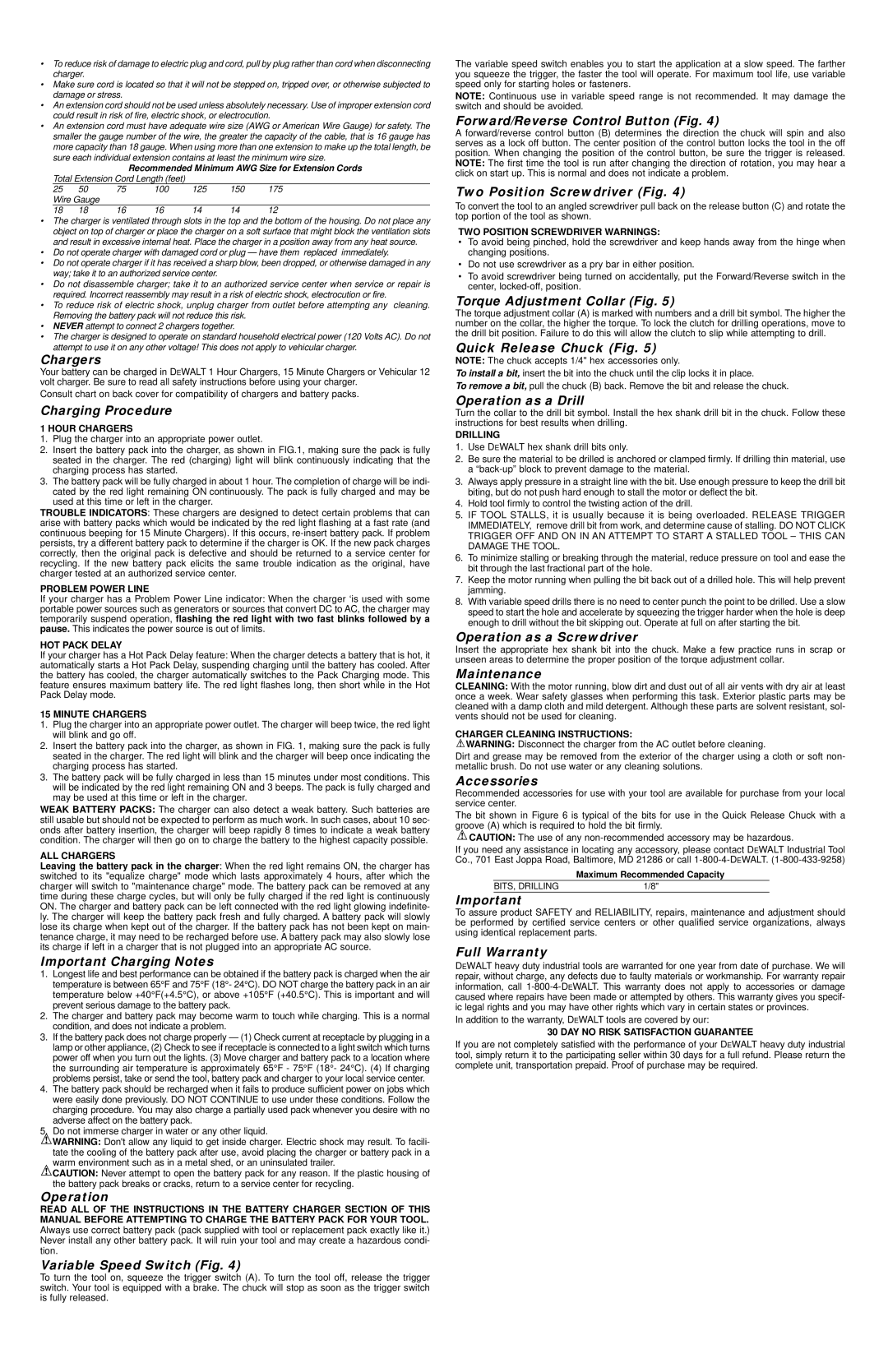 DeWalt DW920K-2 Chargers, Charging Procedure, Important Charging Notes, Operation, Variable Speed Switch Fig, Maintenance 