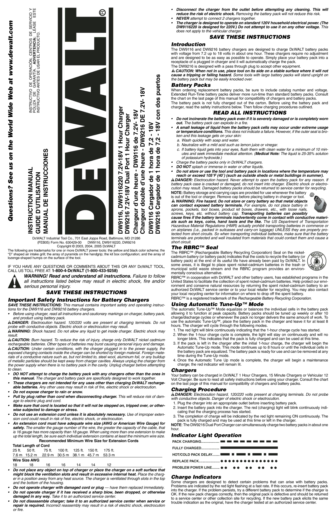 DeWalt DW9116, DW9216 instruction manual Important Safety Instructions for Battery Chargers, Introduction, Battery Packs 