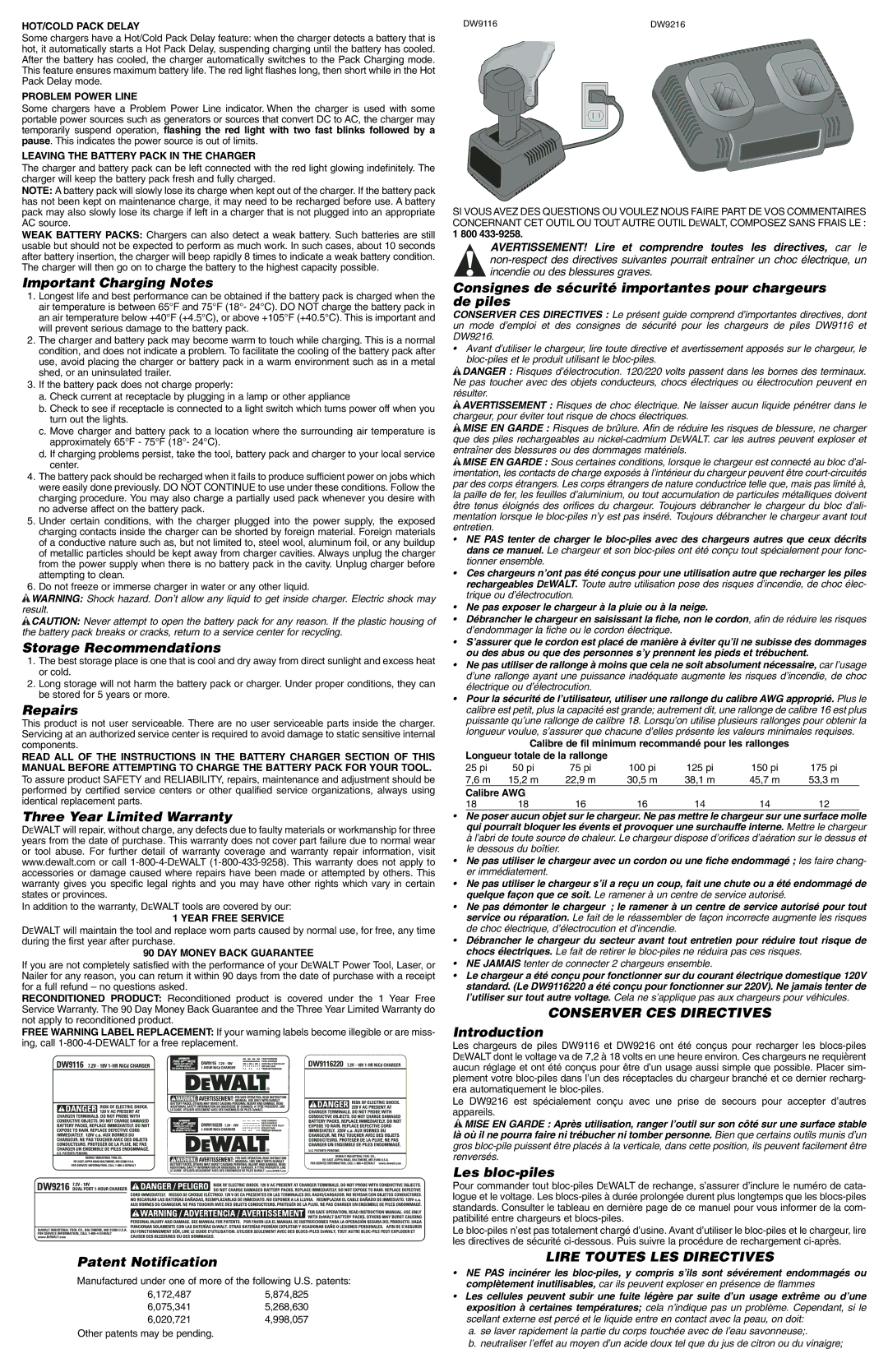 DeWalt DW9216 Important Charging Notes, Storage Recommendations, Repairs, Three Year Limited Warranty, Patent Notification 