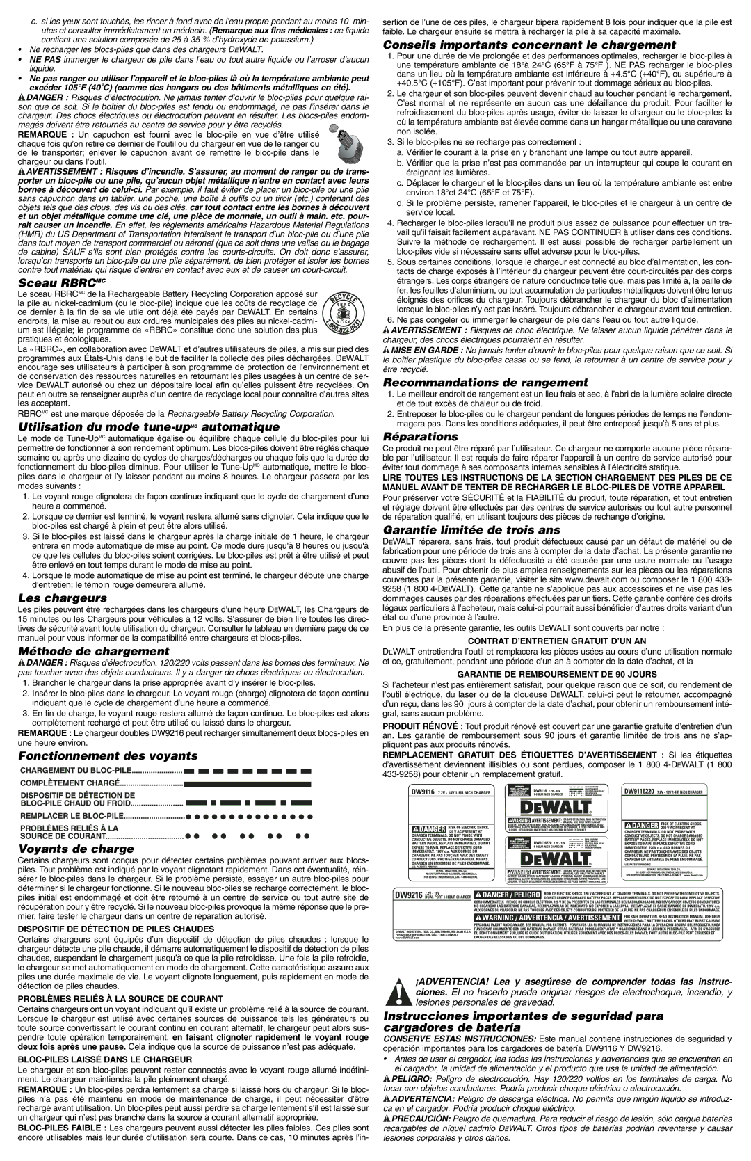 DeWalt DW9116 Sceau Rbrcmc, Utilisation du mode tune-upMCautomatique, Les chargeurs, Méthode de chargement, Réparations 