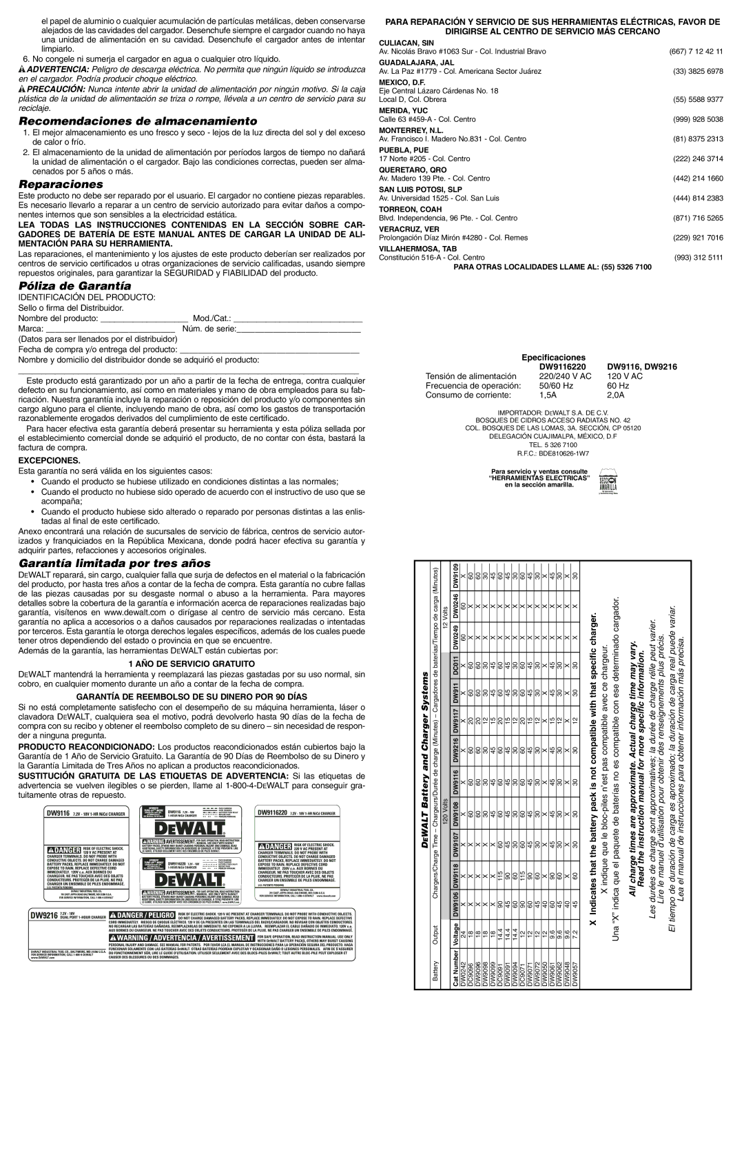 DeWalt DW9116, DW9216 Recomendaciones de almacenamiento, Reparaciones, Póliza de Garantía, Garantía limitada por tres años 