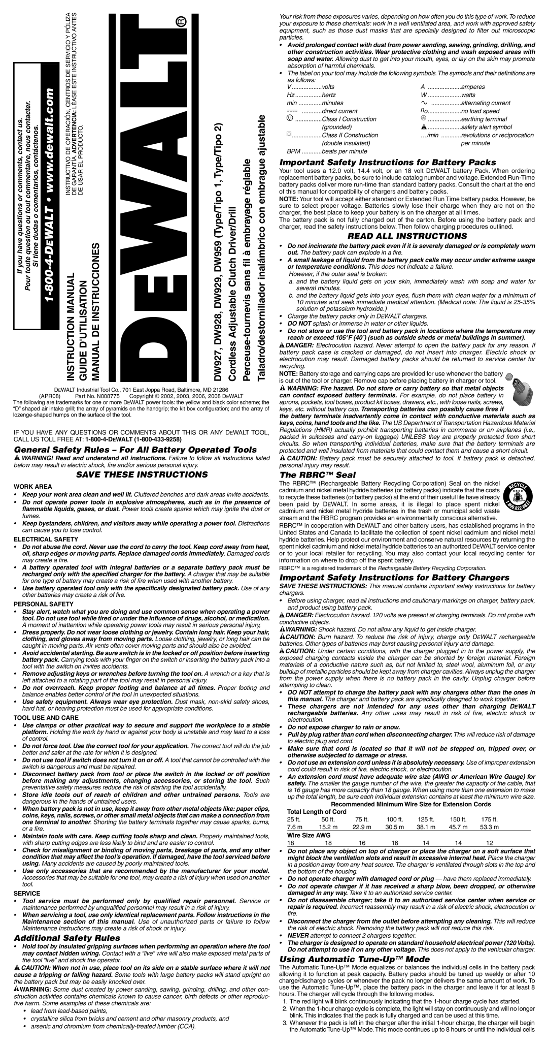 DeWalt DW927 instruction manual Read ALL Instructions 