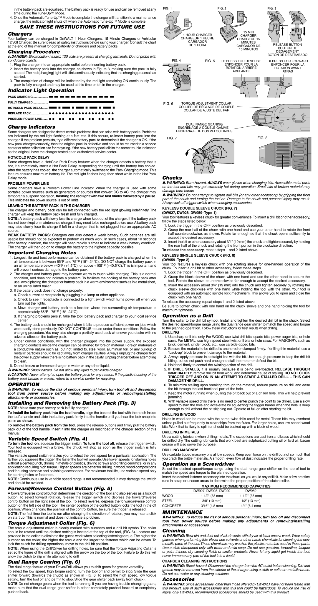 DeWalt DW927 instruction manual Save These Instructions for Future USE, Operation, Maintenance 