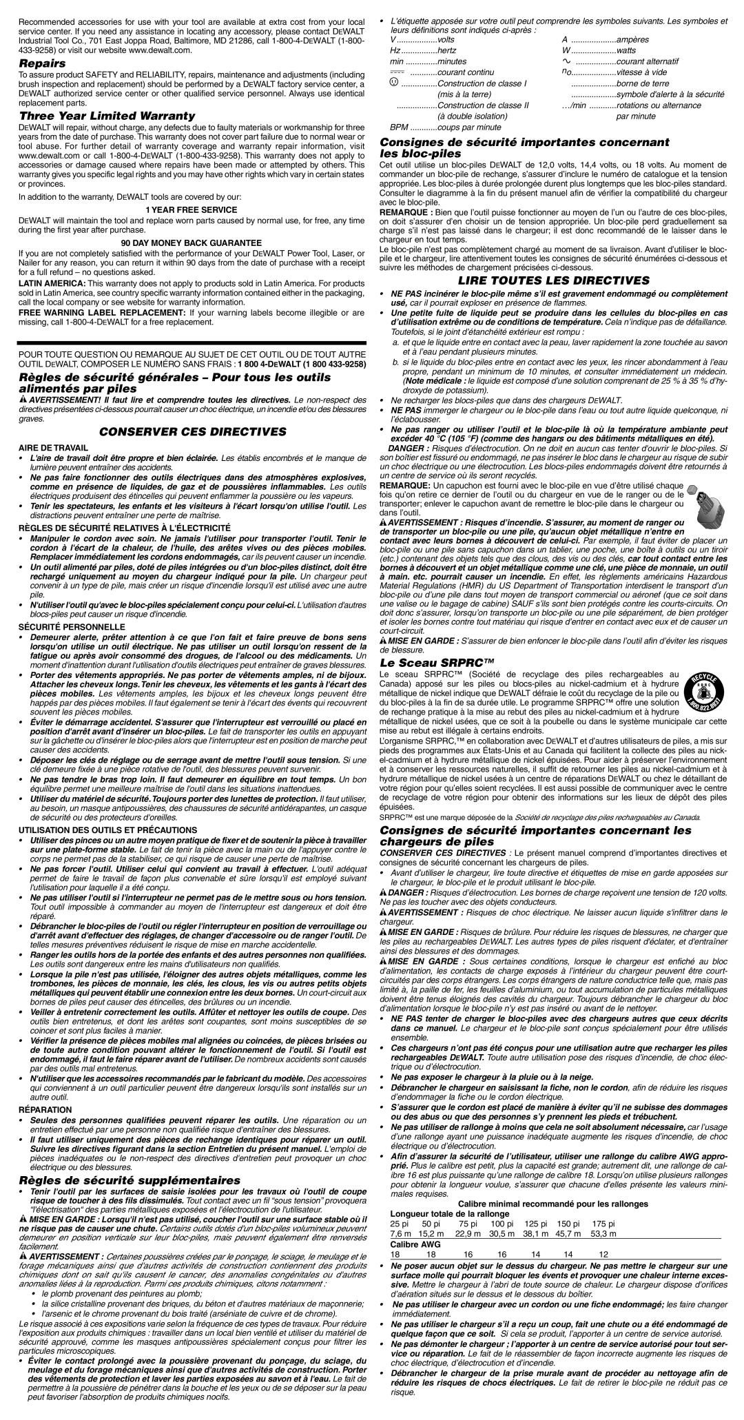 DeWalt DW927 instruction manual Conserver CES Directives, Lire Toutes LES Directives 