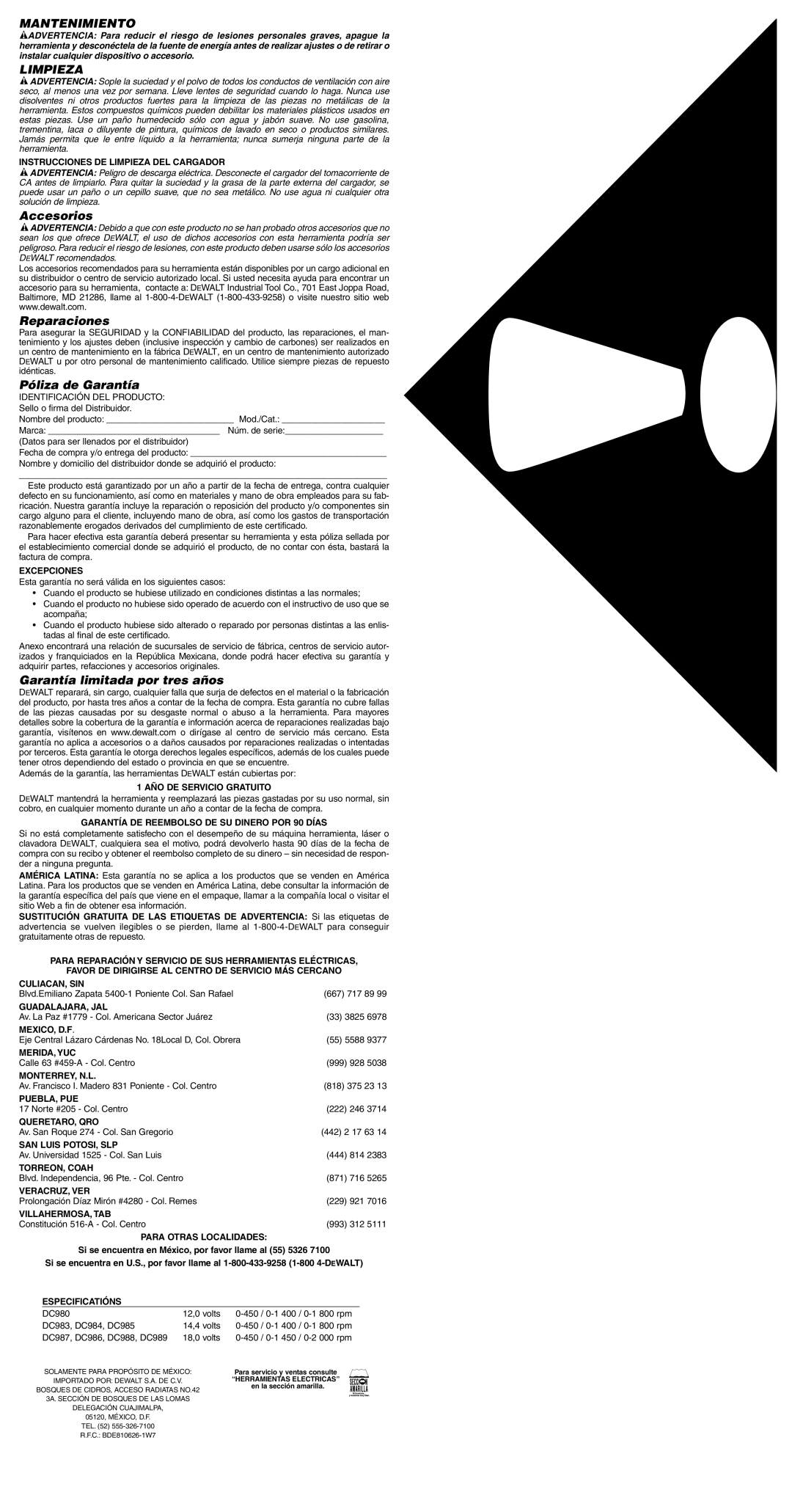 DeWalt DW927 instruction manual Mantenimiento, Limpieza 