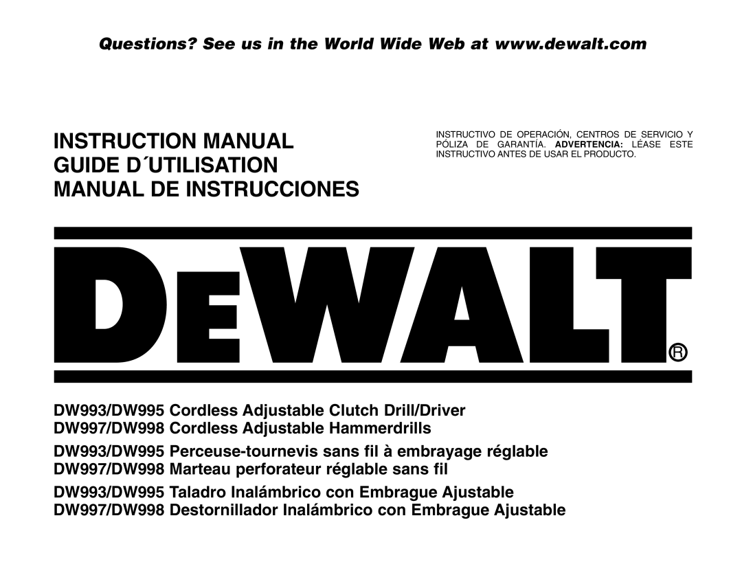 DeWalt DW993/DW995 instruction manual Guide D´UTILISATION Manual DE Instrucciones 