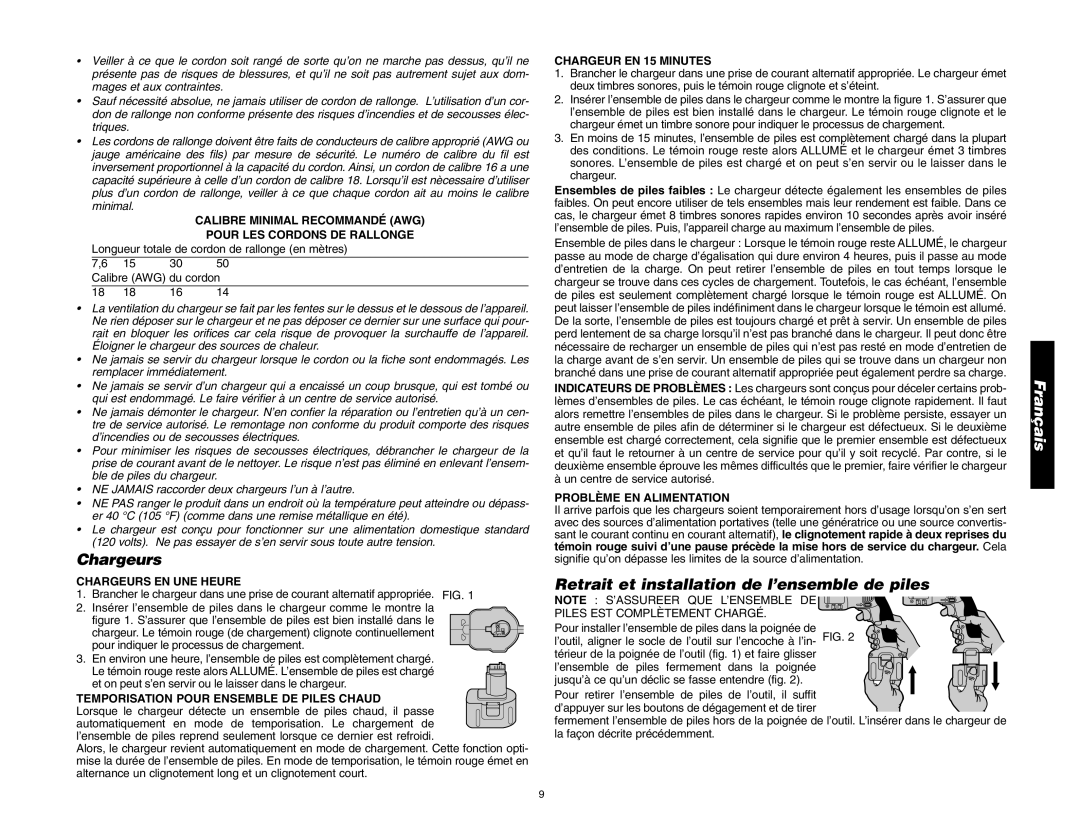 DeWalt DW993/DW995 instruction manual Chargeurs, Retrait et installation de l’ensemble de piles 