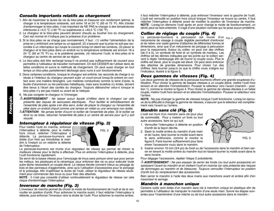 DeWalt DW993/DW995 instruction manual Conseils importants relatifs au chargement, Interrupteur à régulateur de vitesse Fig 