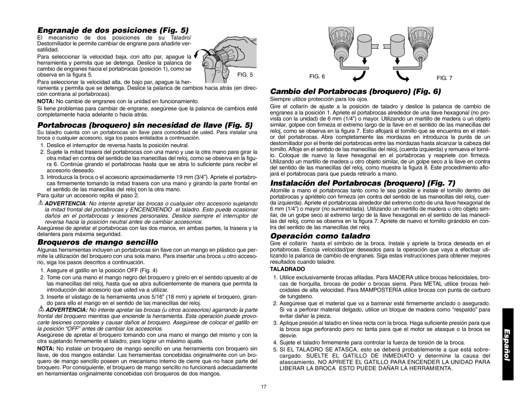 DeWalt DW993/DW995 instruction manual Engranaje de dos posiciones Fig, Portabrocas broquero sin necesidad de llave Fig 