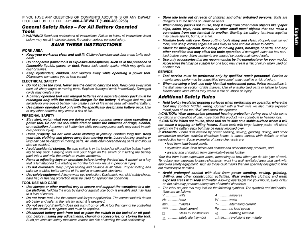 DeWalt DW993/DW995 instruction manual General Safety Rules For All Battery Operated Tools, Additional Safety Rules 