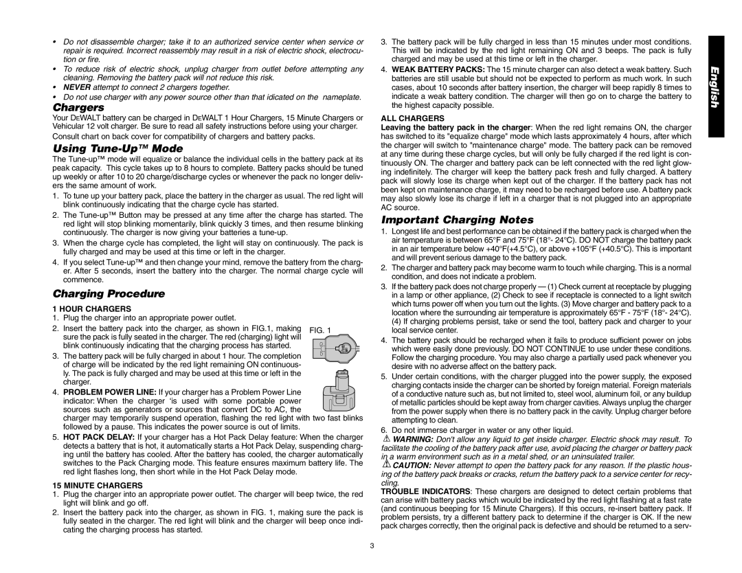 DeWalt DW993/DW995 instruction manual Chargers, Using Tune-Up Mode, Charging Procedure, Important Charging Notes 