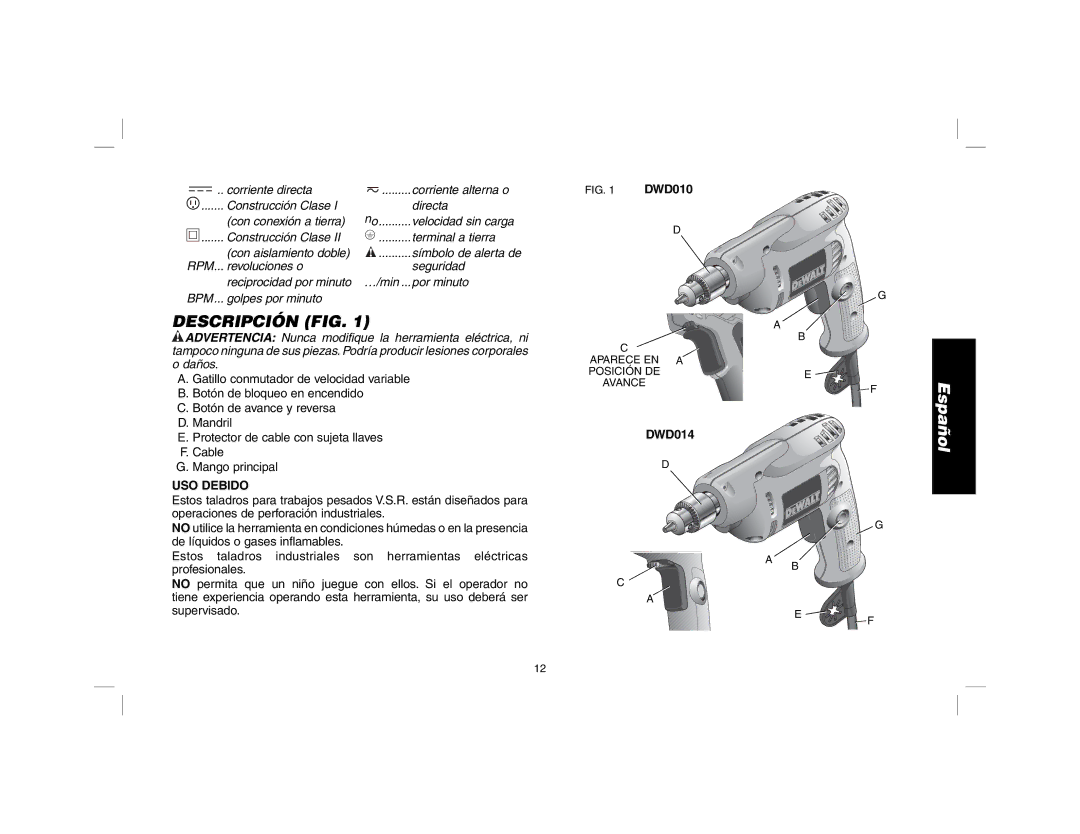 DeWalt DWD014, DWD010 manual Descripción FIG, USO Debido 