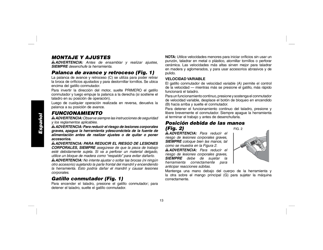 DeWalt DWD010, DWD014 manual Montaje Y Ajustes, Palanca de avance y retroceso Fig, Funcionamiento, Gatillo conmutador Fig 