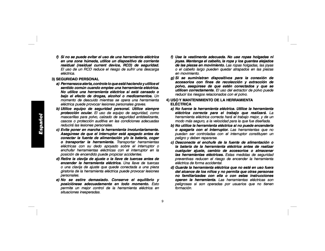 DeWalt DWD010, DWD014 manual Seguridad Personal, Uso Y Mantenimiento De La Herramienta Eléctrica, Español 