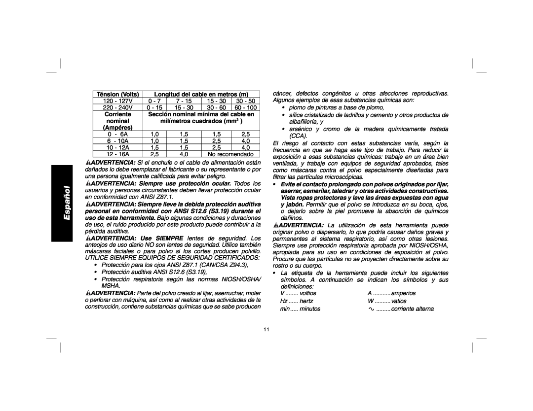 DeWalt DWD010, DWD014 manual Ténsion Volts, Longitud del cable en metros m, Corriente, nominal, Español 